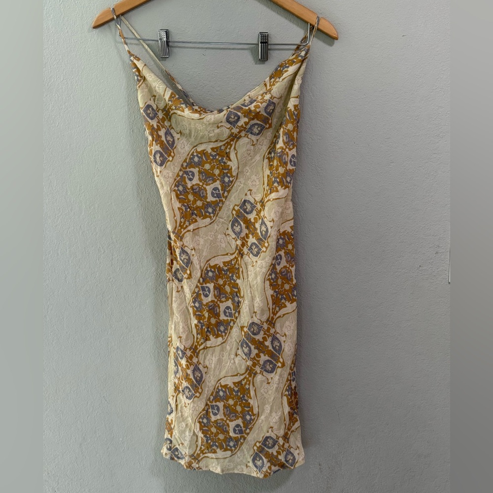 Meshki slip dress S beige gold paisley print cowl neck strappy back
